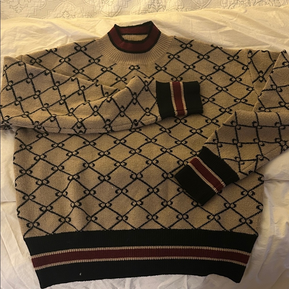 Elegant Beige and Black Turtleneck Sweater